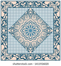 Design With Abstract Hand Drawn Geometric Pattern With Decorative Element. Vector Illustration. Template Design For Card, Shawl, Bandanna, Fashion Print.