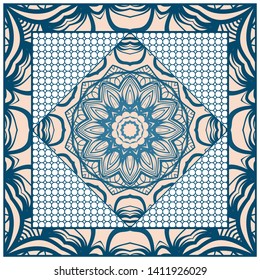 Design With Abstract Hand Drawn Geometric Pattern With Decorative Element. Vector Illustration. Template Design For Card, Shawl, Bandanna, Fashion Print.