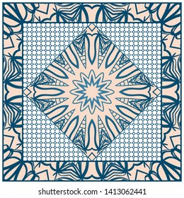 Design With Abstract Hand Drawn Geometric Pattern With Decorative Element. Vector Illustration. Template Design For Card, Shawl, Bandanna, Fashion Print.