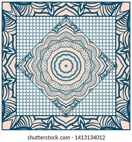 Design With Abstract Hand Drawn Geometric Pattern With Decorative Element. Vector Illustration. Template Design For Card, Shawl, Bandanna, Fashion Print.