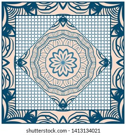 Design With Abstract Hand Drawn Geometric Pattern With Decorative Element. Vector Illustration. Template Design For Card, Shawl, Bandanna, Fashion Print.