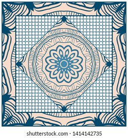 Design With Abstract Hand Drawn Geometric Pattern With Decorative Element. Vector Illustration. Template Design For Card, Shawl, Bandanna, Fashion Print.