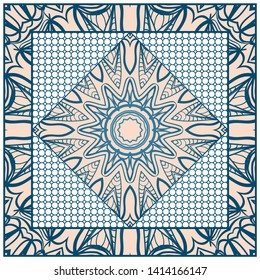 Design With Abstract Hand Drawn Geometric Pattern With Decorative Element. Vector Illustration. Template Design For Card, Shawl, Bandanna, Fashion Print.