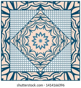 Design With Abstract Hand Drawn Geometric Pattern With Decorative Element. Vector Illustration. Template Design For Card, Shawl, Bandanna, Fashion Print.