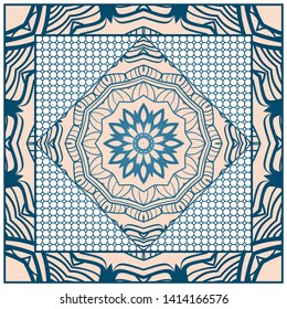 Design With Abstract Hand Drawn Geometric Pattern With Decorative Element. Vector Illustration. Template Design For Card, Shawl, Bandanna, Fashion Print.