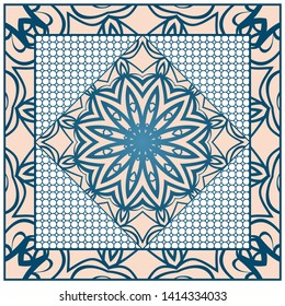 Design With Abstract Hand Drawn Geometric Pattern With Decorative Element. Vector Illustration. Template Design For Card, Shawl, Bandanna, Fashion Print.