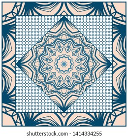 Design With Abstract Hand Drawn Geometric Pattern With Decorative Element. Vector Illustration. Template Design For Card, Shawl, Bandanna, Fashion Print.