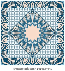 Design With Abstract Hand Drawn Geometric Pattern With Decorative Element. Vector Illustration. Template Design For Card, Shawl, Bandanna, Fashion Print.