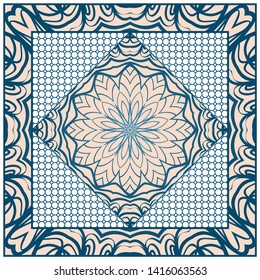 Design With Abstract Hand Drawn Geometric Pattern With Decorative Element. Vector Illustration. Template Design For Card, Shawl, Bandanna, Fashion Print.