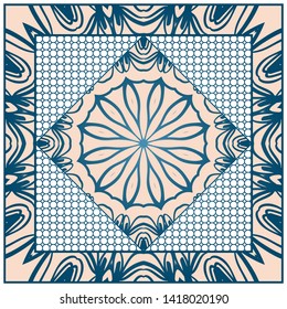 Design With Abstract Hand Drawn Geometric Pattern With Decorative Element. Vector Illustration. Template Design For Card, Shawl, Bandanna, Fashion Print.