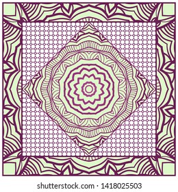 Design With Abstract Hand Drawn Geometric Pattern With Decorative Element. Vector Illustration. Template Design For Card, Shawl, Bandanna, Fashion Print.