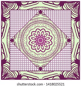 Design With Abstract Hand Drawn Geometric Pattern With Decorative Element. Vector Illustration. Template Design For Card, Shawl, Bandanna, Fashion Print.