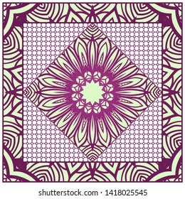 Design With Abstract Hand Drawn Geometric Pattern With Decorative Element. Vector Illustration. Template Design For Card, Shawl, Bandanna, Fashion Print.
