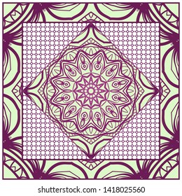 Design With Abstract Hand Drawn Geometric Pattern With Decorative Element. Vector Illustration. Template Design For Card, Shawl, Bandanna, Fashion Print.