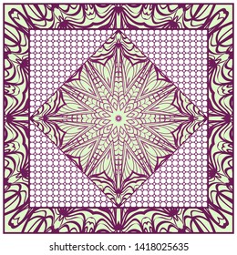 Design With Abstract Hand Drawn Geometric Pattern With Decorative Element. Vector Illustration. Template Design For Card, Shawl, Bandanna, Fashion Print.