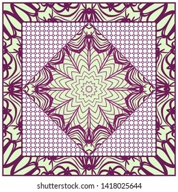Design With Abstract Hand Drawn Geometric Pattern With Decorative Element. Vector Illustration. Template Design For Card, Shawl, Bandanna, Fashion Print.