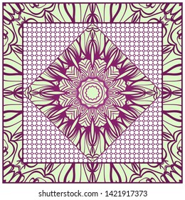 Design With Abstract Hand Drawn Geometric Pattern With Decorative Element. Vector Illustration. Template Design For Card, Shawl, Bandanna, Fashion Print.