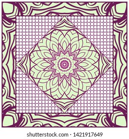 Design With Abstract Hand Drawn Geometric Pattern With Decorative Element. Vector Illustration. Template Design For Card, Shawl, Bandanna, Fashion Print.