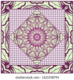 Design With Abstract Hand Drawn Geometric Pattern With Decorative Element. Vector Illustration. Template Design For Card, Shawl, Bandanna, Fashion Print.