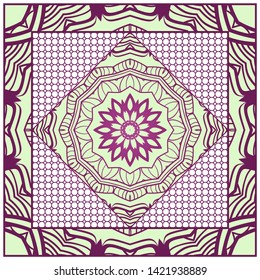 Design With Abstract Hand Drawn Geometric Pattern With Decorative Element. Vector Illustration. Template Design For Card, Shawl, Bandanna, Fashion Print.