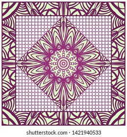 Design With Abstract Hand Drawn Geometric Pattern With Decorative Element. Vector Illustration. Template Design For Card, Shawl, Bandanna, Fashion Print.