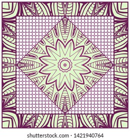 Design With Abstract Hand Drawn Geometric Pattern With Decorative Element. Vector Illustration. Template Design For Card, Shawl, Bandanna, Fashion Print.