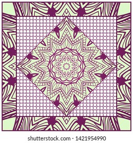 Design With Abstract Hand Drawn Geometric Pattern With Decorative Element. Vector Illustration. Template Design For Card, Shawl, Bandanna, Fashion Print.