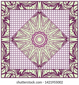 Design With Abstract Hand Drawn Geometric Pattern With Decorative Element. Vector Illustration. Template Design For Card, Shawl, Bandanna, Fashion Print.