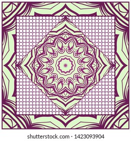 Design With Abstract Hand Drawn Geometric Pattern With Decorative Element. Vector Illustration. Template Design For Card, Shawl, Bandanna, Fashion Print.