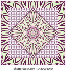 Design With Abstract Hand Drawn Geometric Pattern With Decorative Element. Vector Illustration. Template Design For Card, Shawl, Bandanna, Fashion Print.