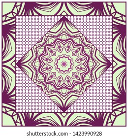 Design With Abstract Hand Drawn Geometric Pattern With Decorative Element. Vector Illustration. Template Design For Card, Shawl, Bandanna, Fashion Print.