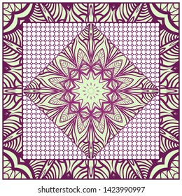Design With Abstract Hand Drawn Geometric Pattern With Decorative Element. Vector Illustration. Template Design For Card, Shawl, Bandanna, Fashion Print.