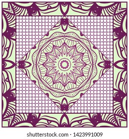 Design With Abstract Hand Drawn Geometric Pattern With Decorative Element. Vector Illustration. Template Design For Card, Shawl, Bandanna, Fashion Print.