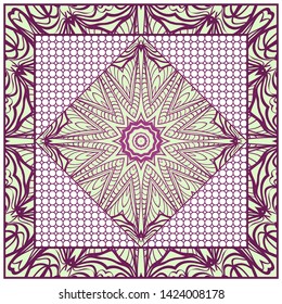 Design With Abstract Hand Drawn Geometric Pattern With Decorative Element. Vector Illustration. Template Design For Card, Shawl, Bandanna, Fashion Print.