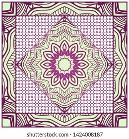 Design With Abstract Hand Drawn Geometric Pattern With Decorative Element. Vector Illustration. Template Design For Card, Shawl, Bandanna, Fashion Print.