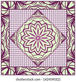 Design With Abstract Hand Drawn Geometric Pattern With Decorative Element. Vector Illustration. Template Design For Card, Shawl, Bandanna, Fashion Print.