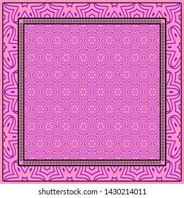 Design With Abstract Hand Drawn Geometric Pattern With Decorative Element. Vector Illustration. Template Design For Card, Shawl, Bandanna, Fashion Print
