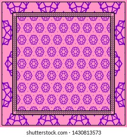 Design With Abstract Hand Drawn Geometric Pattern With Decorative Element. Vector Illustration. Template Design For Card, Shawl, Bandanna, Fashion Print
