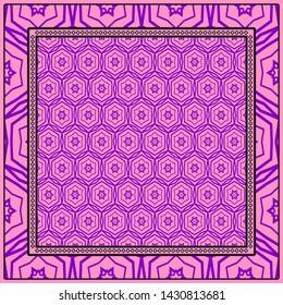 Design With Abstract Hand Drawn Geometric Pattern With Decorative Element. Vector Illustration. Template Design For Card, Shawl, Bandanna, Fashion Print