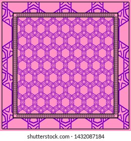 Design With Abstract Hand Drawn Geometric Pattern With Decorative Element. Vector Illustration. Template Design For Card, Shawl, Bandanna, Fashion Print