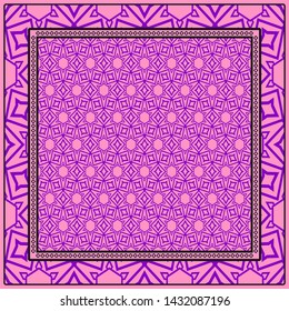 Design With Abstract Hand Drawn Geometric Pattern With Decorative Element. Vector Illustration. Template Design For Card, Shawl, Bandanna, Fashion Print