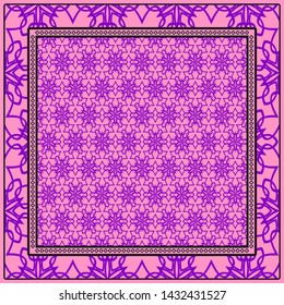 Design With Abstract Hand Drawn Geometric Pattern With Decorative Element. Vector Illustration. Template Design For Card, Shawl, Bandanna, Fashion Print