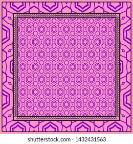 Design With Abstract Hand Drawn Geometric Pattern With Decorative Element. Vector Illustration. Template Design For Card, Shawl, Bandanna, Fashion Print