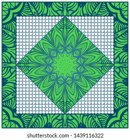 Design With Abstract Hand Drawn Geometric Pattern With Decorative Element. Vector Illustration. Template Design For Card, Shawl, Bandanna, Fashion Print.
