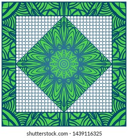 Design With Abstract Hand Drawn Geometric Pattern With Decorative Element. Vector Illustration. Template Design For Card, Shawl, Bandanna, Fashion Print.