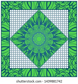 Design With Abstract Hand Drawn Geometric Pattern With Decorative Element. Vector Illustration. Template Design For Card, Shawl, Bandanna, Fashion Print.