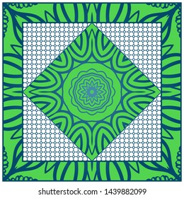 Design With Abstract Hand Drawn Geometric Pattern With Decorative Element. Vector Illustration. Template Design For Card, Shawl, Bandanna, Fashion Print.