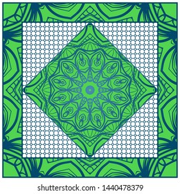 Design With Abstract Hand Drawn Geometric Pattern With Decorative Element. Vector Illustration. Template Design For Card, Shawl, Bandanna, Fashion Print.