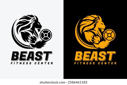 Design of a Abstract Lion Logo Holding Dumbbells, Which Symbolizes Strength. Symbols can be used as for Fitness Gym Center, Business, and Sport Mascot.