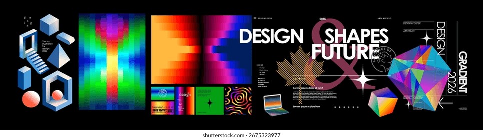 Design. Objetos de gradiente de néon moderno abstratos. Ilustração vetorial de gradientes multicoloridos brilhantes, cristal, formas geométricas 3d, isométrica, tipografia para cartaz, capa ou banner